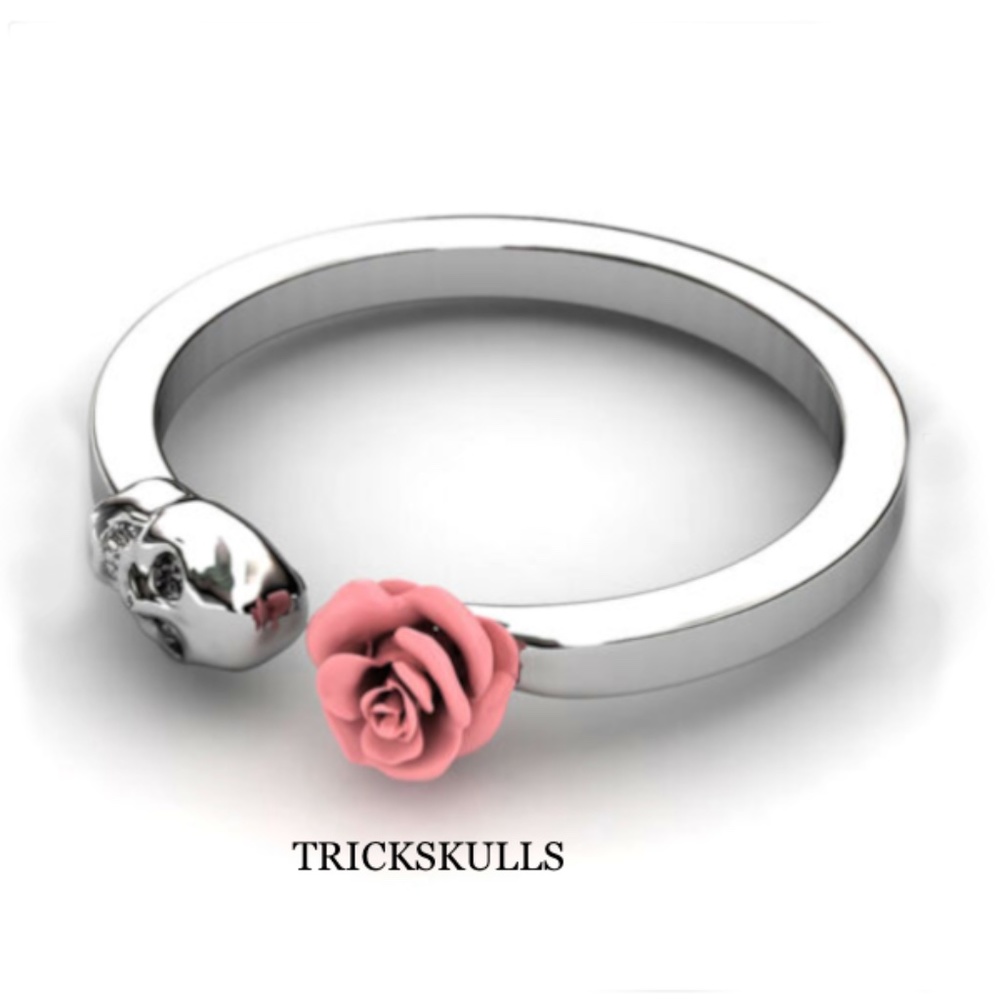 Silver Stainless Pink Rose & Skull Adjustable Open Ring Size 7 New & Sealed!